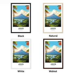 May include: Four framed art prints featuring a landscape scene with a mountain, lake, and tropical foliage. Each print is labeled "JAVA INDONESIA" and has a different frame color: black, natural, white, and walnut.