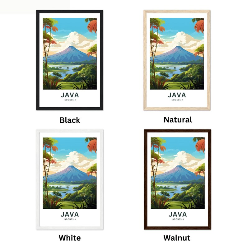 May include: Four framed art prints featuring a landscape scene with a mountain, lake, and tropical foliage. Each print is labeled "JAVA INDONESIA" and has a different frame color: black, natural, white, and walnut.