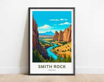 May include: A vintage-style poster featuring a scenic view of Smith Rock State Park in Oregon. The poster depicts a winding river flowing through a valley surrounded by towering rock formations. The sky is a vibrant blue with fluffy white clouds. The text "SMITH ROCK OREGON" is printed at the bottom of the poster.
