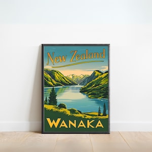 Wanaka Vintage Travel Poster, Wanaka, New Zealand print, New Zealand Wall Art, Framed present, Gift New Zealand Present