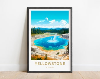 Pode incluir: Uma impressão artística emoldurada com uma ilustração vibrante do Parque Nacional de Yellowstone. A obra retrata um gêiser em erupção numa piscina turquesa, rodeado por árvores e montanhas sob um céu azul brilhante. O texto "YELLOWSTONE WYOMING" está na parte inferior.