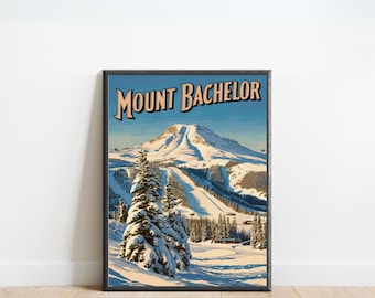 Póster de viaje vintage de Mount Bachelor: impresión de Mount Bachelor, arte de pared de Oregón, regalo enmarcado, regalo de Oregón