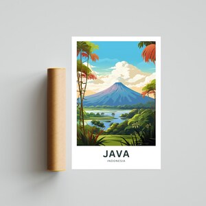 May include: A colorful art print of a tropical landscape featuring a mountain, lake, and lush greenery. The print has the word "JAVA" and "INDONESIA" printed at the bottom. A rolled-up poster is next to the print.