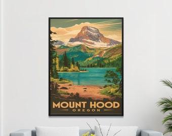 May include: A framed art print of Mount Hood, Oregon. The landscape art features a mountain with a snow-capped peak, a lake, and lush green trees. The words "Mount Hood Oregon" are printed at the bottom in a brown font.