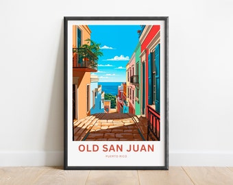 May include: A colourful illustration of a street in Old San Juan, Puerto Rico. The street is lined with brightly coloured buildings, and the ocean is visible in the distance.