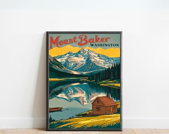 Mount Baker vintage reisposter - Mount Baker-print, Washington Wall Art, ingelijst, cadeau Washington Present