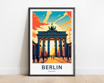 May include: A colorful illustration of the Brandenburg Gate in Berlin, Germany. The gate is depicted in a vibrant sunset with people walking in front of it. The text "BERLIN" and "GERMANY" is displayed below the image.