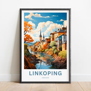 May include: A colorful illustration of a cityscape with a river running through it. The buildings are a mix of styles, with some having pointed roofs and others having flat roofs. The river is surrounded by trees and bushes, and the sky is a bright blue with white clouds. The text "LINKÖPING SWEDEN" is at the bottom of the image.