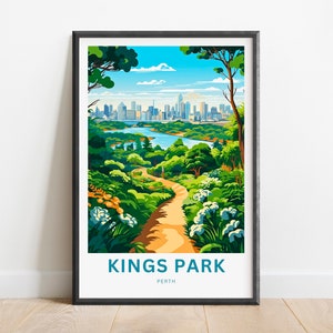May include: A colorful illustration of Kings Park in Perth, Australia. The image shows a winding path through a lush green park with a view of the city skyline in the distance. The text "Kings Park Perth" is at the bottom of the image.