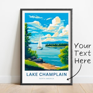 Impressão de viagem personalizada do Lago Champlain - pôster do Lago Champlain, arte de parede da América do Norte, presente emoldurado, presente dos Estados Unidos