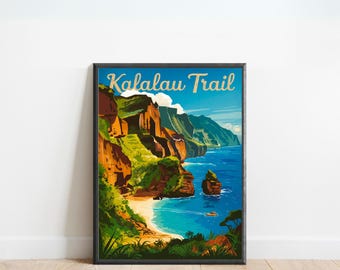Kalalau Trail vintage reisposter - Kalalau Trail print, Hawaii Wall Art, ingelijst, cadeau Verenigde Staten aanwezig