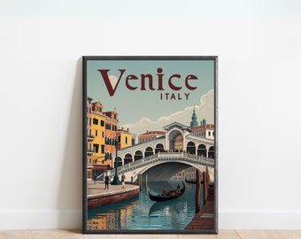 May include: A vintage travel poster featuring a view of Venice, Italy. The poster shows a bridge over a canal with gondolas and buildings in the background. The text "Venice, Italy" is printed in a bold, red font.