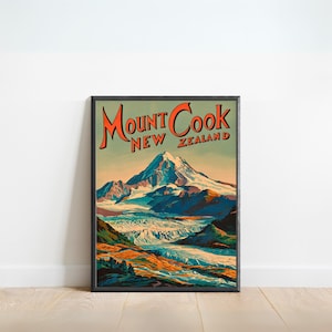 Mount Cook Vintage Travel Poster - Aoraki, Mount Cook Print, New Zealand Wall Art, Framed, Gift New Zealand Present