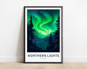 May include: A poster with a dark green frame featuring a vibrant green and blue aurora borealis over a dark silhouette of a forest. The text "NORTHERN LIGHTS" and "NORWAY" is printed at the bottom of the poster.