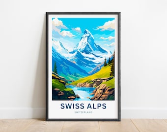 May include: A framed poster with a colorful illustration of the Swiss Alps. The poster features a mountain range with a snow-capped peak, a river flowing through a valley, and green trees. The text "SWISS ALPS" and "SWITZERLAND" is printed at the bottom of the poster.