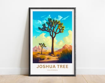 May include: A framed print of a Joshua Tree National Park landscape with a large Joshua Tree in the center, surrounded by smaller trees and mountains in the background. The sky is blue with white clouds. The print has the text "Joshua Tree, California" at the bottom.