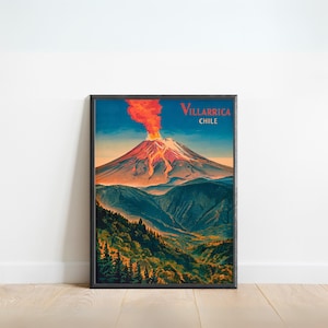 Villarrica Mountain Vintage Travel Poster - Villarrica Print, Chile Wall Art, Framed, Gift Chile Present