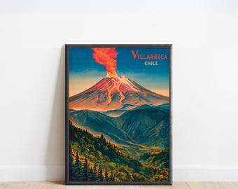 Póster de viaje vintage de la montaña Villarrica - Impresión de Villarrica, arte de pared de Chile, enmarcado, regalo de Chile