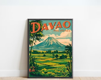 May include: A vintage travel poster featuring a green mountain range with the text "DAVAO PHILIPPINES" in orange and black lettering. The poster has a blue sky with white clouds and a green field in the foreground.