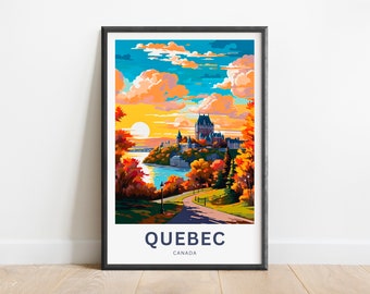 May include: A colorful illustration of a cityscape with a castle on a hill overlooking a river. The sky is a vibrant blue with fluffy white clouds. The text "QUEBEC CANADA" is at the bottom of the image.