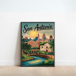 San Antonio Vintage Travel Print - Cartel de San Antonio, Texas Vintage Wall Art, Presente enmarcado, Regalo Texas Presente