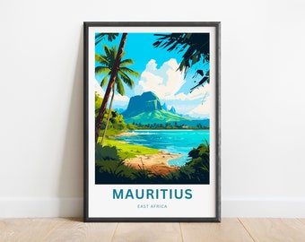 Może przedstawiać: Kolorowy plakat podróżniczy z widokiem na tropikalną wyspę na Mauritiusie, w Afryce Wschodniej. Plakat przedstawia zielony, bujny szczyt, błękitną lagunę i palmy.