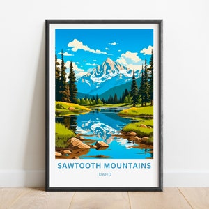 Sawtooth Mountains Travel Print - Sawtooth Mountains poster, Idaho Wall Art, Framed present, Gift United States Present
