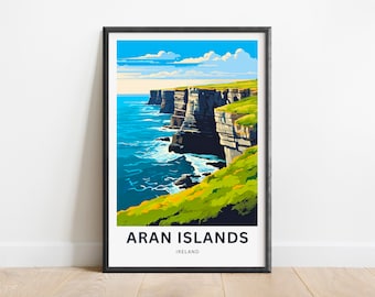 以下が含まれることがあります： アイルランドのアラン諸島を描いたカラフルなイラスト。画像には、青い海を見下ろす劇的な崖と、岩に打ち付ける白い波が描かれています。画像の下には「アラン諸島」と「アイルランド」の文字が印刷されています。