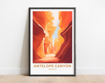 May include: A poster with a colorful illustration of Antelope Canyon in Arizona. The canyon is a narrow slot canyon with red, orange, and yellow rock formations. The text "Antelope Canyon" and "Arizona" is printed at the bottom of the poster.