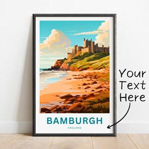 Impressão de viagem personalizada de Bamburgh - pôster de Bamburgh, arte de parede da Inglaterra, presente emoldurado, presente da Inglaterra