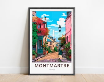 May include: A colorful illustration of a street scene in Montmartre, Paris, France. The image features a narrow cobblestone street lined with pink buildings, lush greenery, and a street lamp. The Sacré-Coeur Basilica is visible in the distance. The text "MONTMARTRE FRANCE" is printed at the bottom of the image.