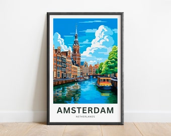 Amsterdam Travel Print - Cartel de Amsterdam, Arte de la pared de los Países Bajos, Presente enmarcado, Regalo Países Bajos Presente
