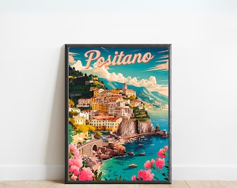 Positano Vintage Travel Poster - Amalfi Coast, Positano Print, Italy Wall Art, Framed, Gift Italian Coast Present