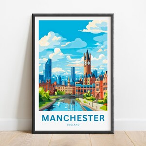 May include: A colorful illustration of the Manchester skyline, featuring a river, buildings, and a clock tower. The text "Manchester, England" is at the bottom of the image.