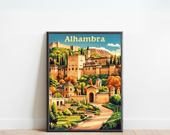 May include: A vintage travel poster featuring a colorful illustration of the Alhambra palace in Granada, Spain. The poster has the text "Alhambra" in a yellow font.
