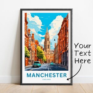 May include: A colorful illustration of a street scene in Manchester, England. The image features a tall church building, brick buildings, and a blue car driving down the street. The text "MANCHESTER" and "ENGLAND" is at the bottom of the image.