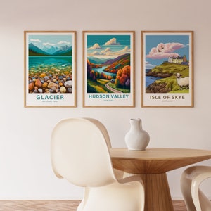 May include: Three framed illustrations of scenic landscapes. The first shows a rocky beach with a lake and mountains in the background. The second shows a winding road through a valley with a river and colorful trees. The third shows a sheep standing on a grassy hill overlooking a body of water with a castle in the distance. The text below each image reads "Glacier National Park", "Hudson Valley New York", and "Isle of Skye Scotland".
