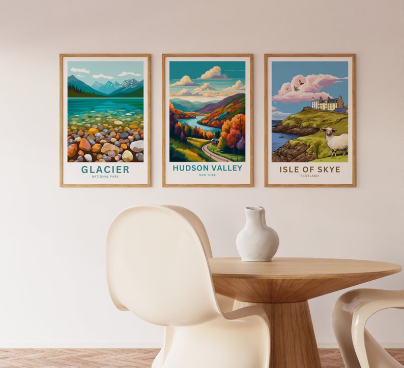 May include: Three framed illustrations of scenic landscapes. The first shows a rocky beach with a lake and mountains in the background. The second shows a winding road through a valley with a river and colorful trees. The third shows a sheep standing on a grassy hill overlooking a body of water with a castle in the distance. The text below each image reads "Glacier National Park", "Hudson Valley New York", and "Isle of Skye Scotland".