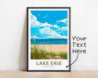 May include: A framed poster with a colorful illustration of a beach scene with blue water, green grass, and a sandy shore. The poster has the text "LAKE ERIE" and "NORTH AMERICA" printed on it.