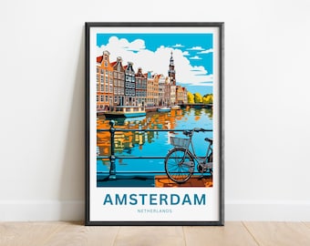 Amsterdam Travel Print - Cartel de Amsterdam, Arte de la pared de los Países Bajos, Presente enmarcado, Regalo Países Bajos Presente