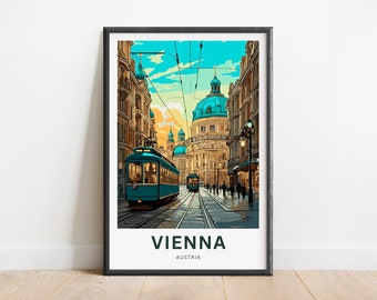 May include: A vintage travel poster featuring a colorful illustration of a tram traveling down a street in Vienna, Austria. The tram is blue and green with a yellow stripe. The street is lined with buildings and there is a large church in the background. The poster has the text "VIENNA" and "AUSTRIA" at the bottom.