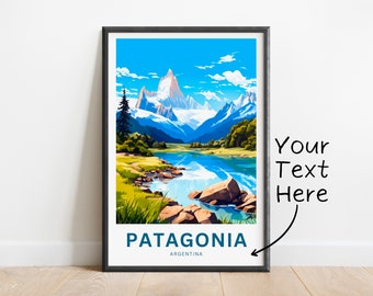 Op de afbeelding: Een kleurrijke illustratie van een bergketen met een meer op de voorgrond. De tekst "PATAGONIA ARGENTINA" staat onderaan de afbeelding.