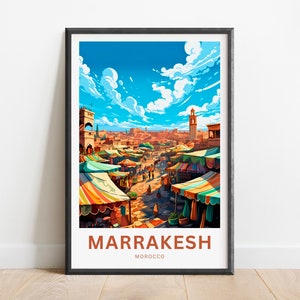 May include: A colorful illustration of a bustling marketplace in Marrakesh, Morocco. The image features a vibrant sky with fluffy clouds, colorful tents, and a tall minaret in the distance. The text "MARRAKESH MOROCCO" is displayed at the bottom of the image.
