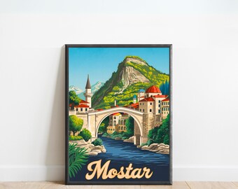 Mostar Vintage Reiseplakat - Mostar Druck, Bosnien Wandkunst, gerahmt, Geschenk Bosnien vorhanden
