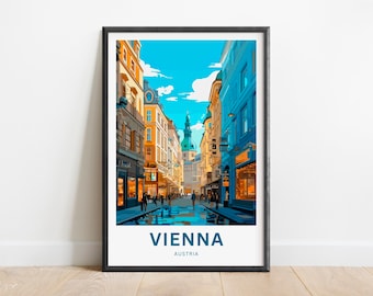 May include: A colorful illustration of a street scene in Vienna, Austria. The image features a narrow street lined with tall buildings, with a church steeple visible in the distance. The buildings are painted in shades of yellow, orange, and blue, and the street is filled with people walking.