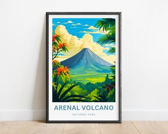 Pode incluir: Um pôster com uma ilustração colorida do Parque Nacional Volcán Arenal na Costa Rica. O pôster apresenta um vulcão azul com vegetação verde e um céu azul com nuvens brancas.