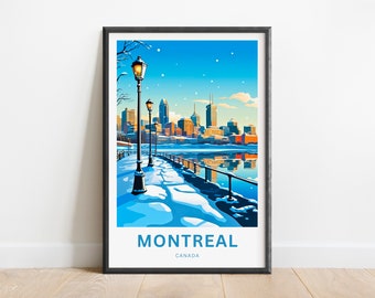 Op de afbeelding: Een kleurrijke illustratie van de skyline van Montreal met een met sneeuw bedekte grond en lantaarnpalen. De tekst "MONTREAL CANADA" staat onderaan de afbeelding.