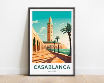 May include: A colourful illustration of the Hassan II Mosque in Casablanca, Morocco. The mosque is a large, white building with a tall minaret. The illustration is in a retro style, with bold colours and simple lines.