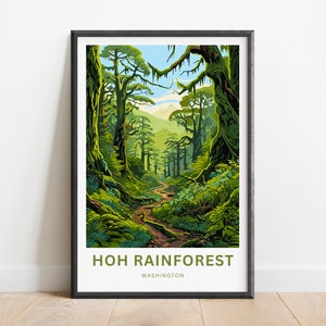 Impressão de viagem da floresta tropical de Hoh - pôster da floresta tropical de Hoh, Parque Nacional Olímpico, arte de parede de Washington, presente emoldurado, presente de Washington