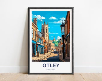 Puede incluir: Una ilustración colorida de una escena callejera en Otley, Yorkshire. La imagen presenta un alto edificio de iglesia, una calle adoquinada y edificios coloridos con puertas y ventanas azules. El texto "OTLEY" y "YORKSHIRE" está impreso en la parte inferior de la imagen.